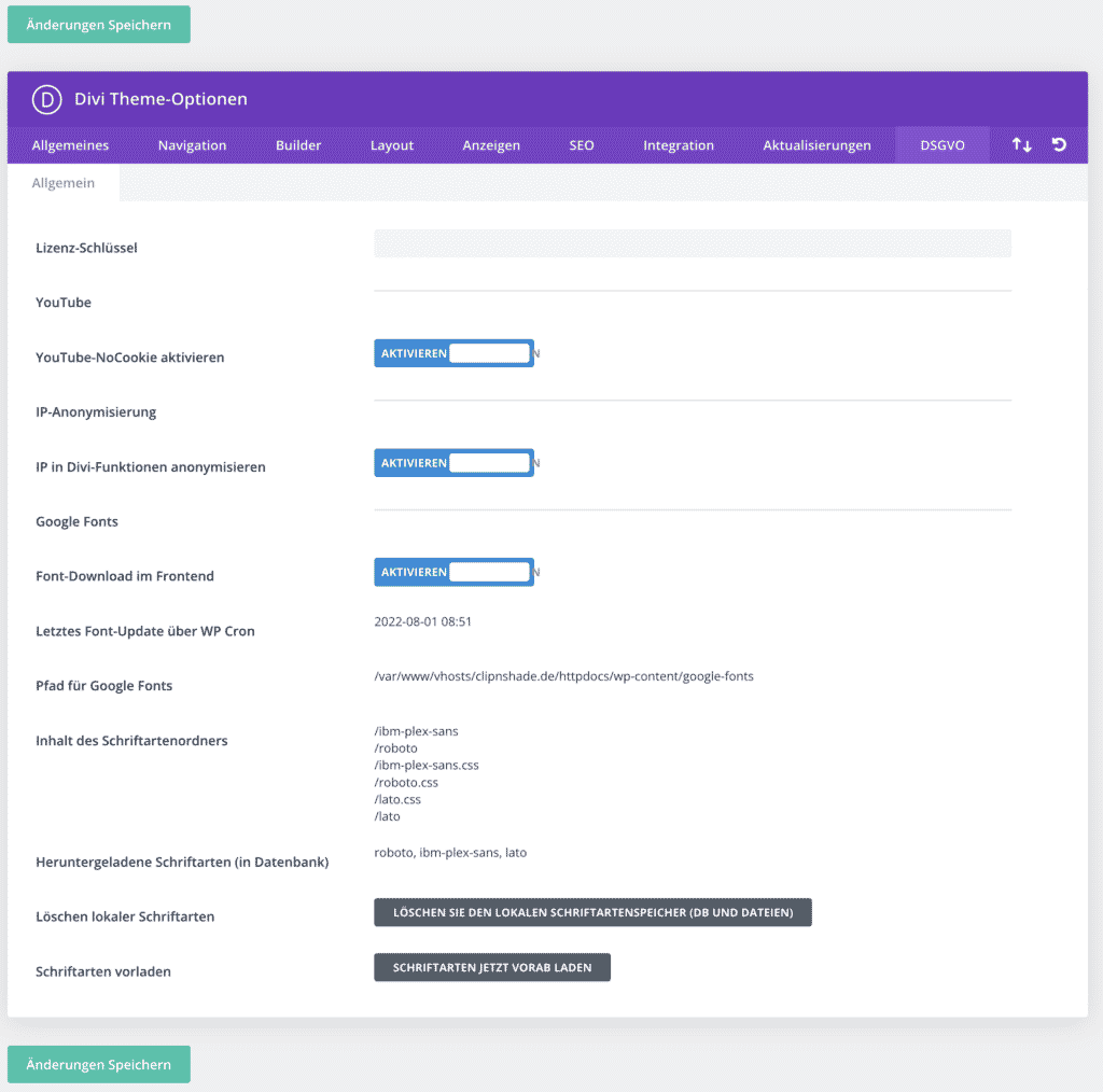 Divi DSGVO & Google Fonts - Einstellungen